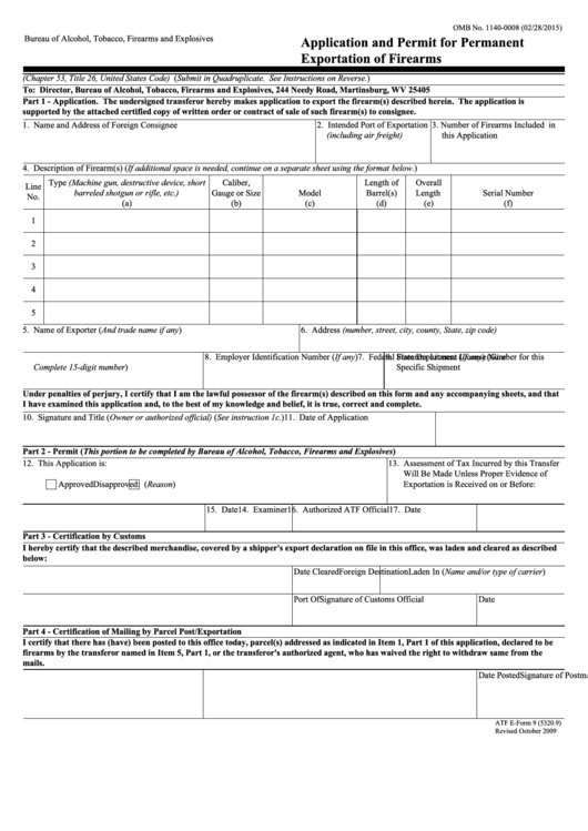 Atf E-Form 9 - Application And Permit For Permanent Exportation Of Firearms - U.s. Department Of Justice - 2009 Printable pdf