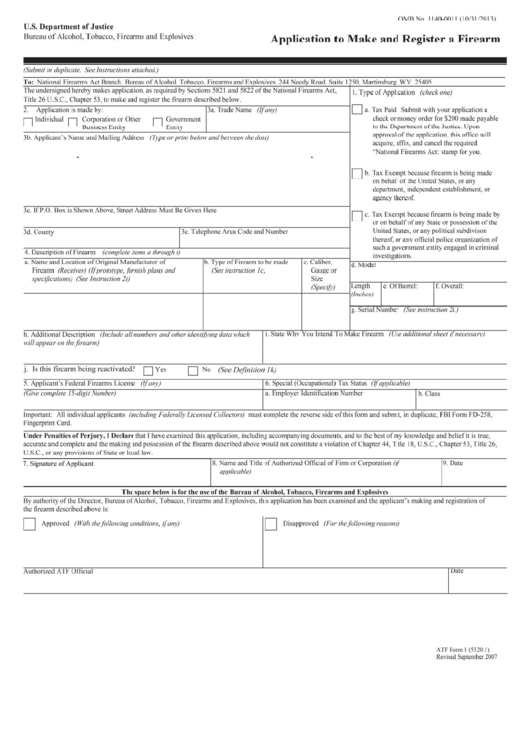 Atf Form 1 - Application To Make And Register A Firearm - U.s. Department Of Justice Printable pdf