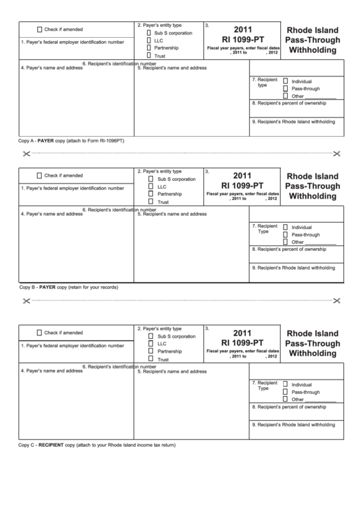 Form Ri 1099-Pt - Rhode Island Pass-Through Withholding - 2011 Printable pdf