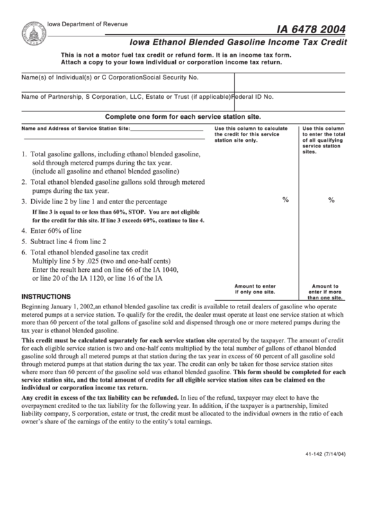 Fillable Form Ia 6478 - Iowa Ethanol Blended Gasoline Income Tax Credit - 2004 Printable pdf