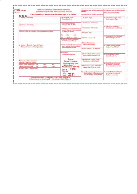 Form 499r-2/w-2pr - Comprobante De Retencion - Withholding Statement - Puerto Rico Department Of The Treasury Printable pdf