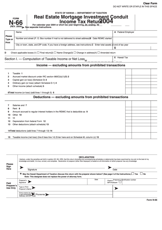 Fillable Form N-66 - Real Estate Mortgage Investment Conduit Income Tax Return - 2004 Printable pdf