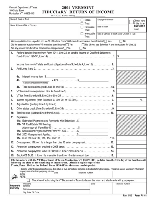 Form Fi-161 - Fiduciary Return Of Income - 2004 Printable pdf