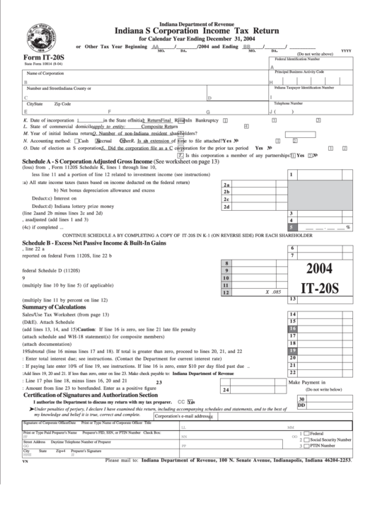 Form It-20s - Indiana S Corporation Income Tax Return - 2004 Printable pdf