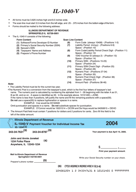Form Il-1040-V - Payment Voucher For Individual Income Tax - Illinois Department Of Revenue - 2004 Printable pdf