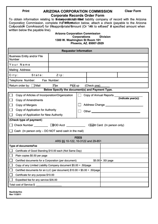 Fillable Corporate Records Order Form - Arizona Corporation Commission Printable pdf