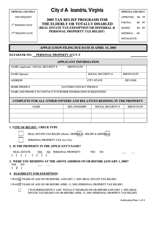 Real Estate Tax Relief For Elderly And/or Totally Disabled Persons Application - City Of Alexandria - 2005 Printable pdf