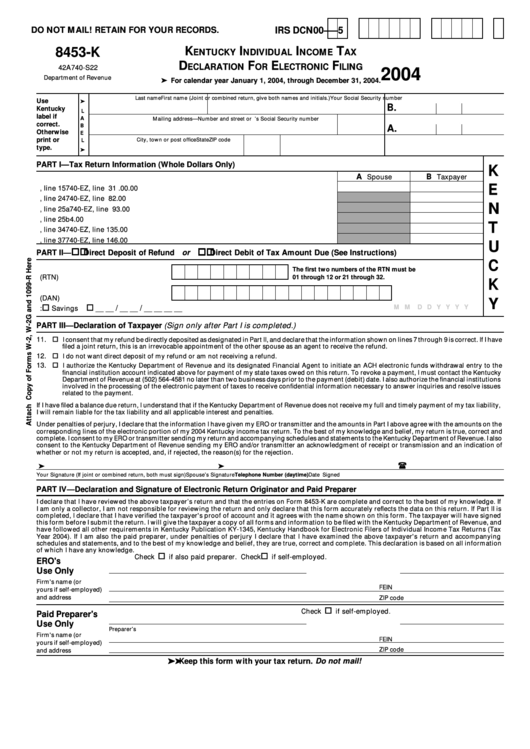 Form 8453-K - Kentucky Individual Income Tax Declaration For Electronic Filing - 2004 Printable pdf