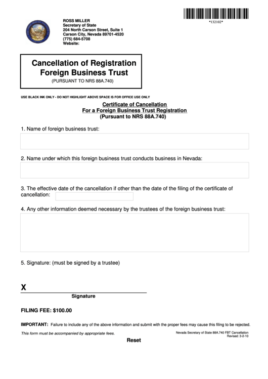 Fillable Cancellation Of Registration Foreign Business Trust - Nevada Secretary Of State Printable pdf