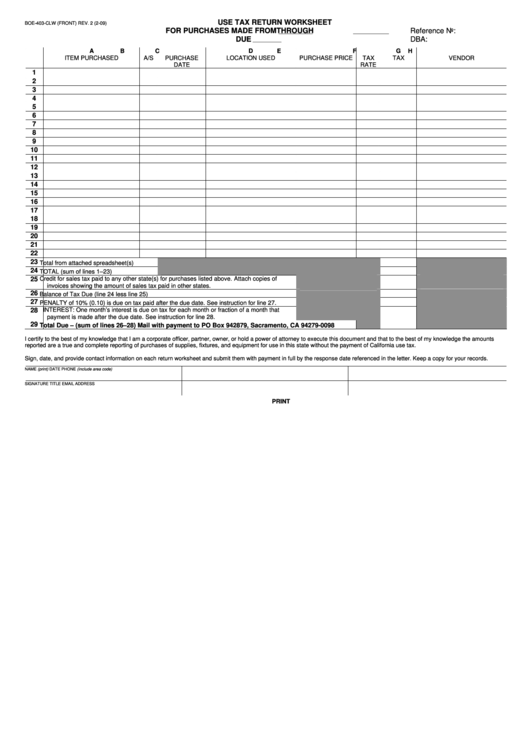 Fillable Form Boe-403-Clw - Use Tax Return Worksheet For Purchases Printable pdf