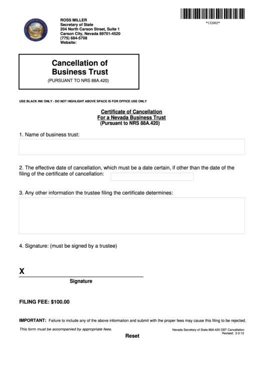 Fillable Cancellation Of Business Trust - Nevada Secretary Of State Printable pdf
