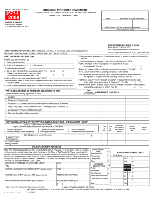 Form Boe-571-L - Business Property Statement - 2008 Printable pdf