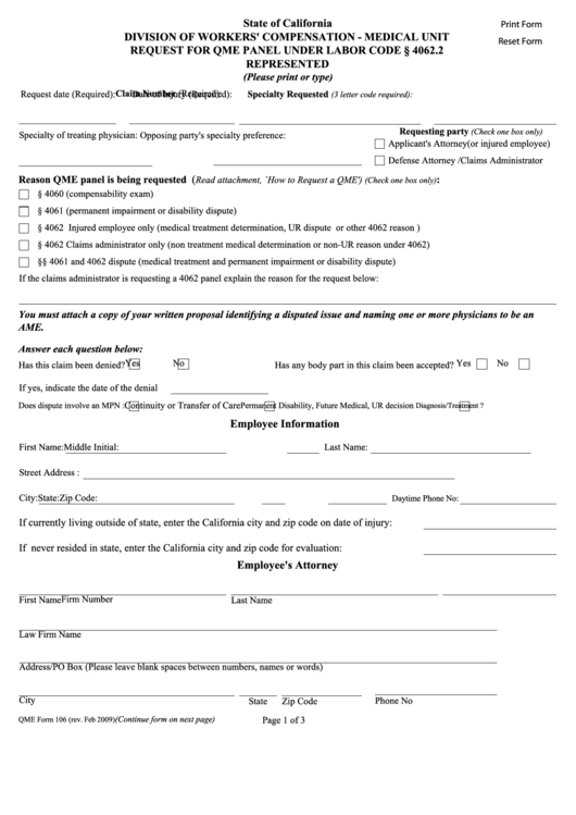 Fillable Qme Form 106 - Medical Unit Request For Qme Panel - California Division Of Workers