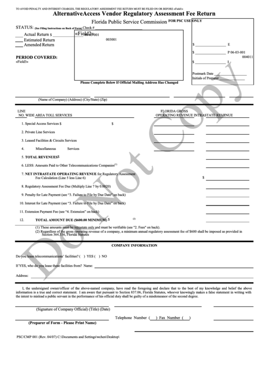 Form Psc/cmp 001 - Alternative Access Vendor Regulatory Assessment Fee Return Printable pdf
