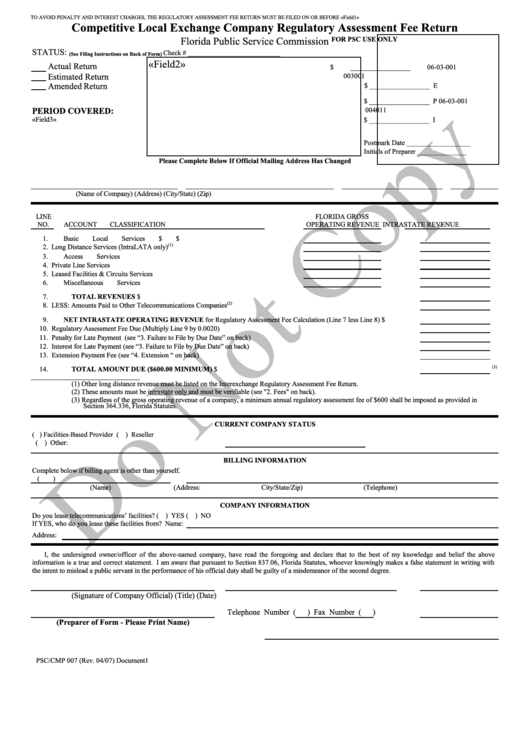 Form Psc/cmp 007 - Competitive Local Exchange Company Regulatory Assessment Fee Return Printable pdf