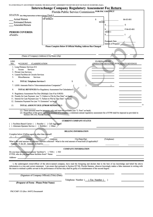 Form Psc/cmp 153 - Interexchange Company Regulatory Assessment Fee Return Printable pdf