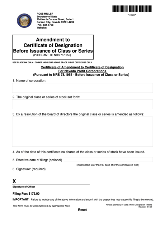 Fillable Amendment To Certificate Of Designation Before Issuance Of Class Or Series Form (2009) Printable pdf