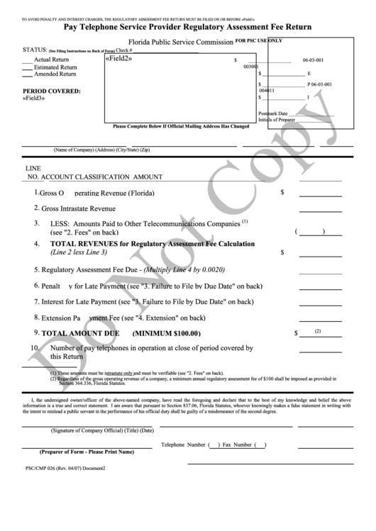 Form Psc/cmp 026 - Pay Telephone Service Provider Regulatory Assessment Fee Return Printable pdf