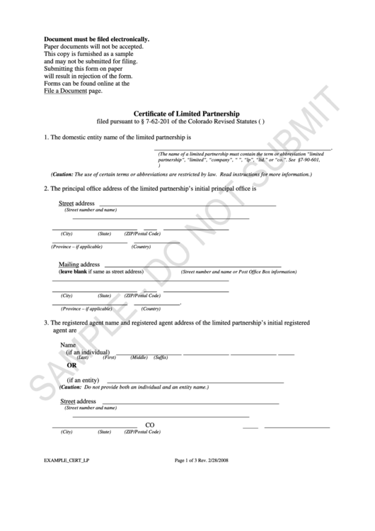 Form Example_cert_lp Sample - Certificate Of Limited Partnership - Colorado Secretary Of State Printable pdf