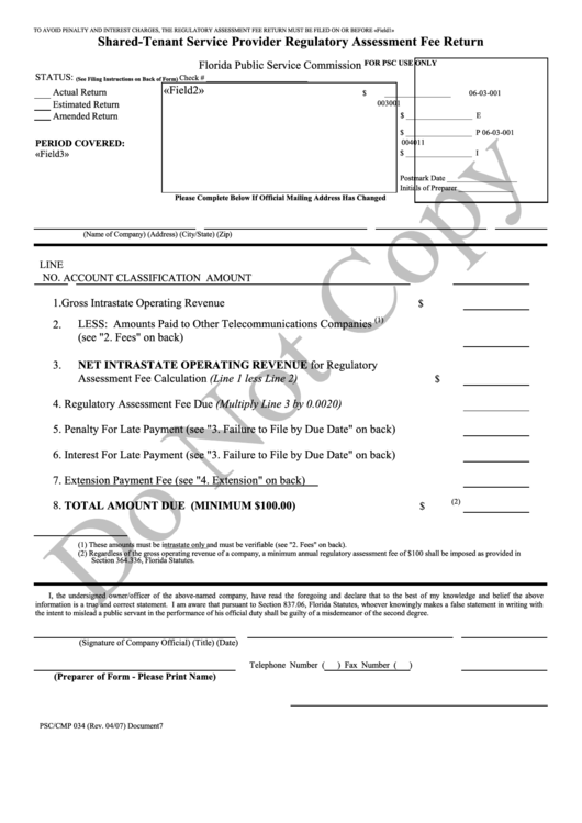 Form Psc/cmp 034 - Shared-Tenant Service Provider Regulatory Assessment Fee Return Printable pdf