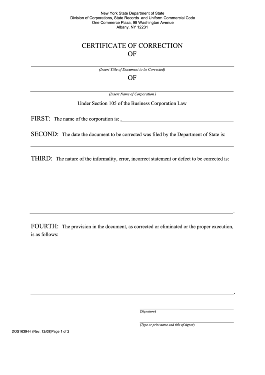 Fillable Form Dos1639-F-L - Certificate Of Correction - New York State Department Of State Printable pdf