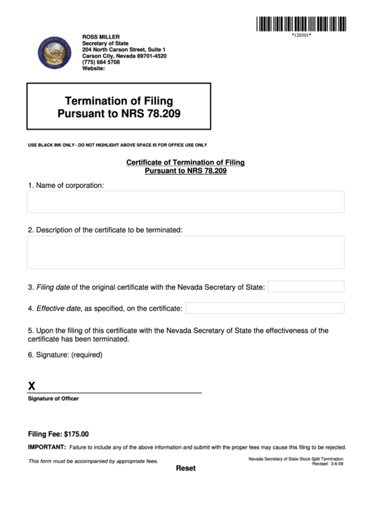 Fillable Certificate Of Termination Of Filing Pursuant To Nrs 78.209 Form - Nevada Secretary Of State - 2009 Printable pdf