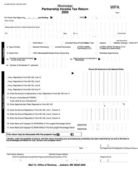 Form 86-105-05-8-1-000 - Partnership Income Tax Return - 2005 Printable pdf