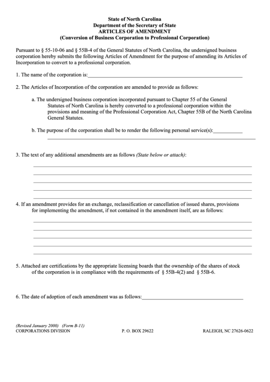 Fillable Form B-11 - Articles Of Amendment Printable pdf
