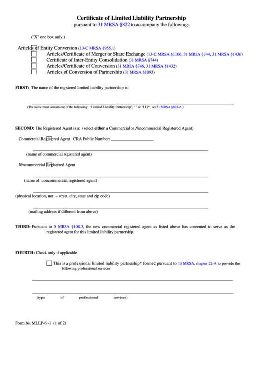 Fillable Form No. Mllp-6 -1 - Certificate Of Limited Liability Partnership Printable pdf