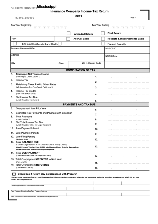Form 83-391-11-8-1-000 - Mississippi Insurance Company Income Tax Return - 2011 Printable pdf