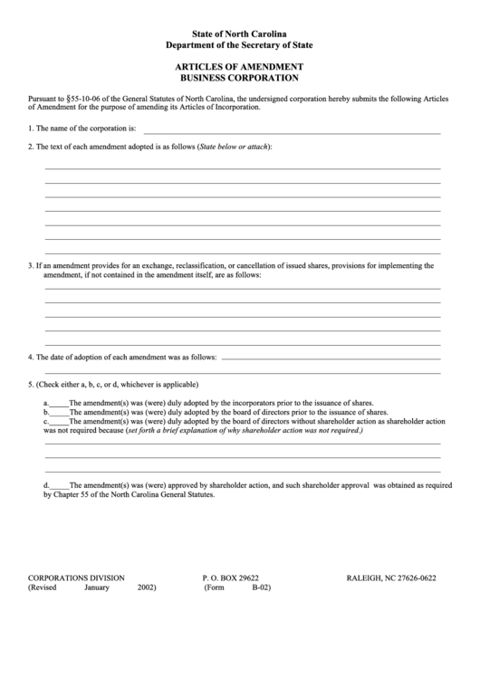 Fillable Form B-02 - Articles Of Amendment For Business - Lined Printable pdf