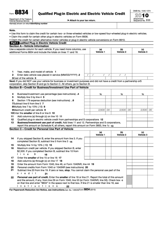 Fillable Form 8834 - Qualified Plug-In Electric And Electric Vehicle Credit - 2010 Printable pdf