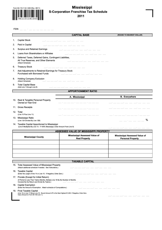 Form 84-110-11-8-1-000 - Mississippi S-Corporation Franchise Tax Schedule - 2011 Printable pdf