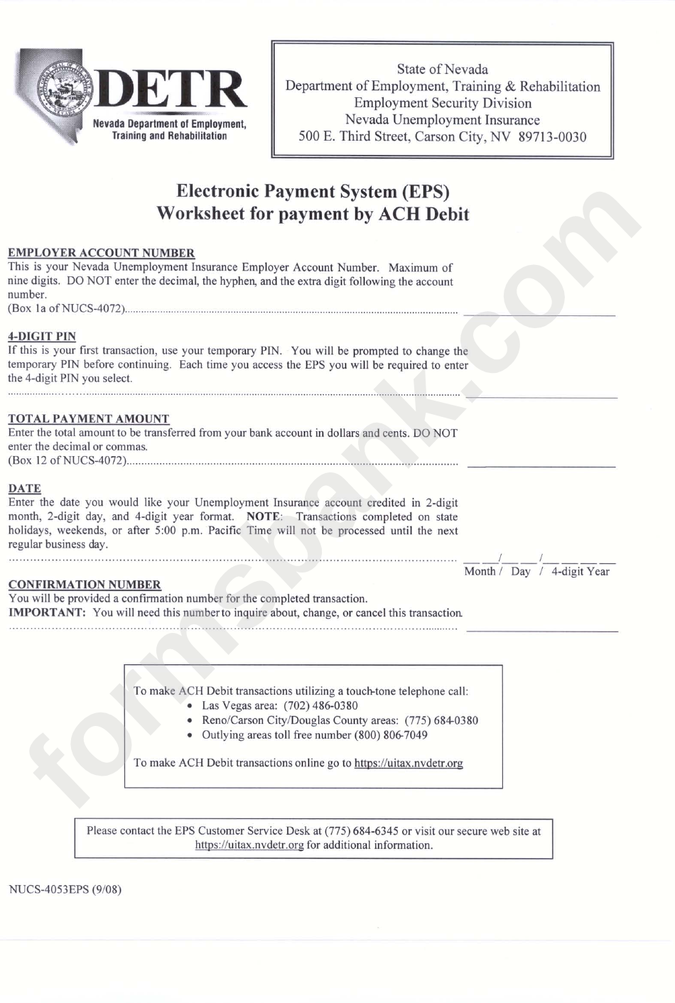 Form Nucs-4053eps - Electronic Payment System (Eps) Worksheet For Payment By Ach Debit - Nevada Department Of Employment, Training & Rehabilitation