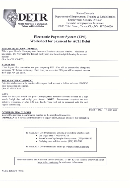 Form Nucs-4053eps - Electronic Payment System (Eps) Worksheet For Payment By Ach Debit - Nevada Department Of Employment, Training & Rehabilitation Printable pdf
