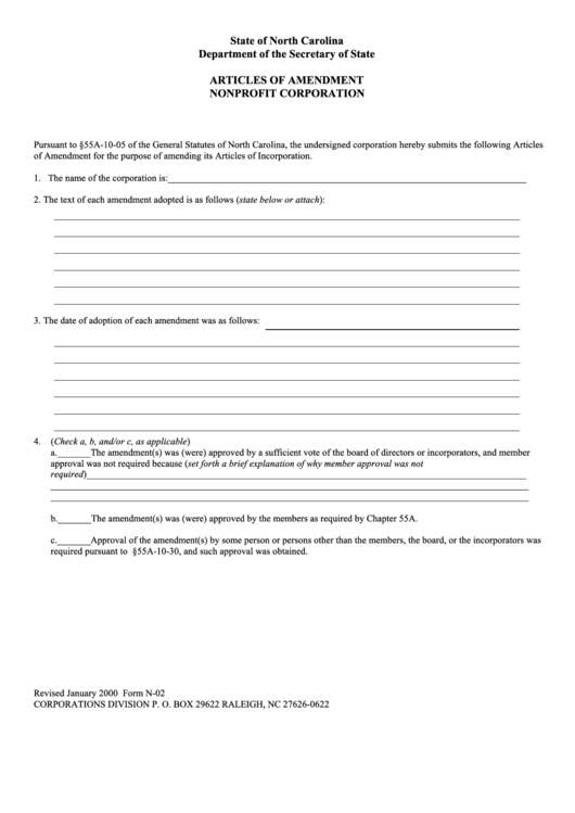 Fillable Form N-02 - Articles Of Amendment For Nonprofit - North Carolina Secretary Of State Printable pdf