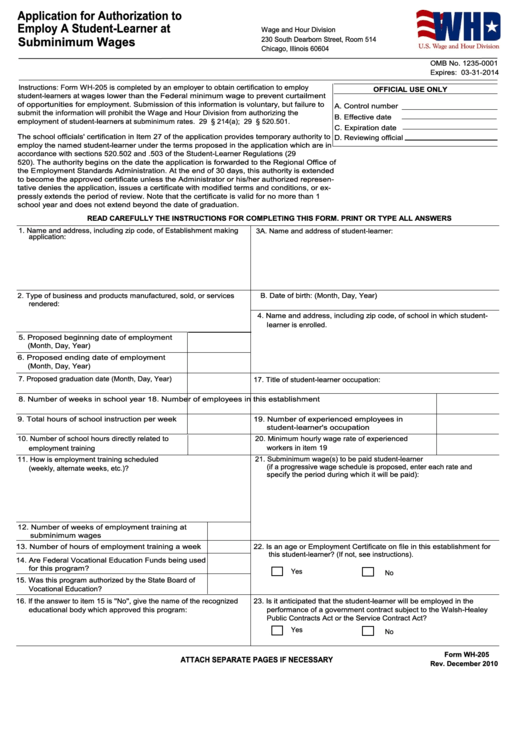 Fillable Form Wh-205 - Application For Authorization To Employ A Student-Learner At Subminimum Wages Printable pdf