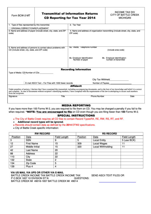 Form Bcw-2-Mt - Transmittal Of Information Returns Cd Reporting For Tax Year 2014 Printable pdf