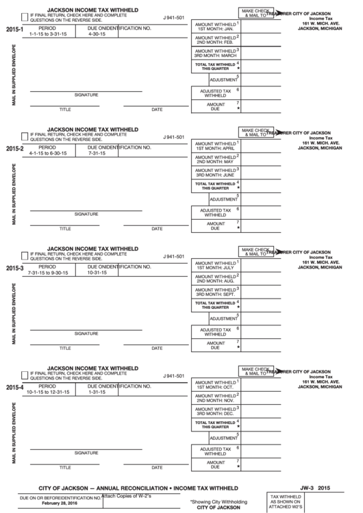 Form J 941-501 - Jackson Income Tax Withheld - 2015 Printable pdf