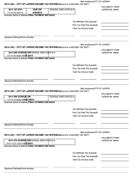 Form L941 - City Of Lapeer Income Tax Withheld - 2014 Printable pdf