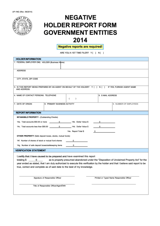 Fillable Form Up-1ng - Negative Holder Report Form For Government Entities - 2014 Printable pdf