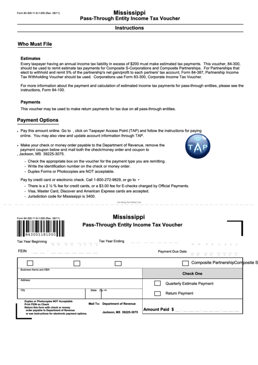Form 84-300-11-8-1-000 - Mississippi Pass-Through Entity Income Tax Voucher Printable pdf