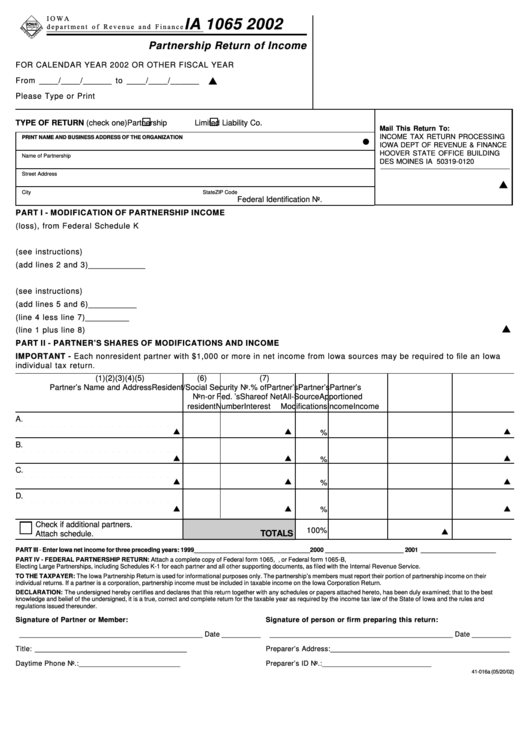 Form Ia 1065 - Partnership Return Of Income - 2002 Printable pdf