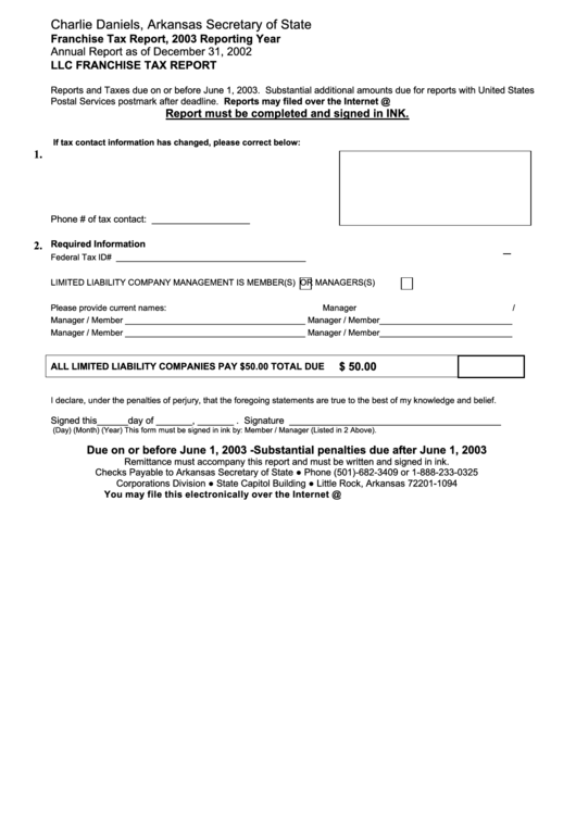 Llc Franchise Tax Report Form - Arkansas Secretary Of State - 2002 Printable pdf