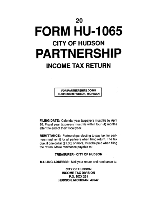 Instructions For Form Hu-1065 - Partnership Income Tax Return Printable pdf