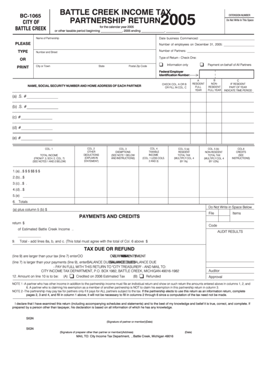 Form Bc-1065 - Battle Creek Income Tax Partnership Return - 2005 Printable pdf