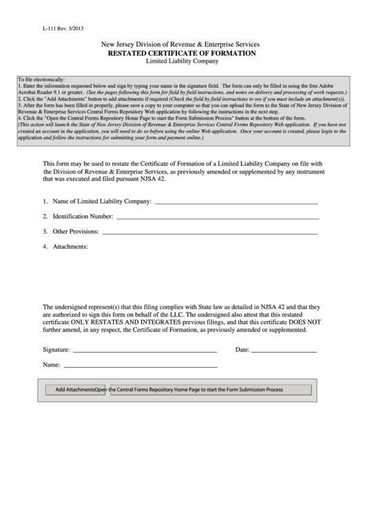 Form L-111 - Restated Certificate Of Formation - 2013 Printable pdf