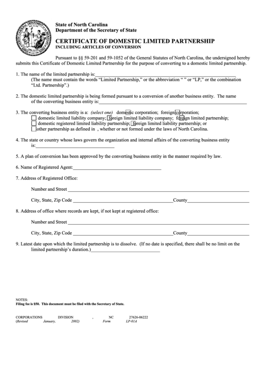 Fillable Form Lp-01a - Certificate Of Domestic Limited Partnership Printable pdf