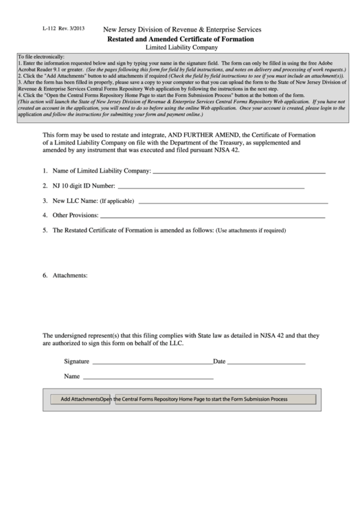 Form L-112 - Restated And Amended Certificate Of Formation - 2013 Printable pdf