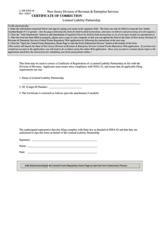 Form L-208 Njsa 42 - Restated And Amended Certificate Of Formation - 2013 Printable pdf